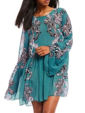 Free People Intimately Symphony Jade Combo Printed Bell Sleeve Slip Dress